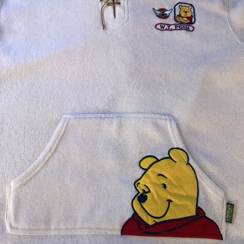 Disney Womens Leather Lace Up Fleece Pullover XL Cream Embroidered Pooh Bear - Picture 5 of 10